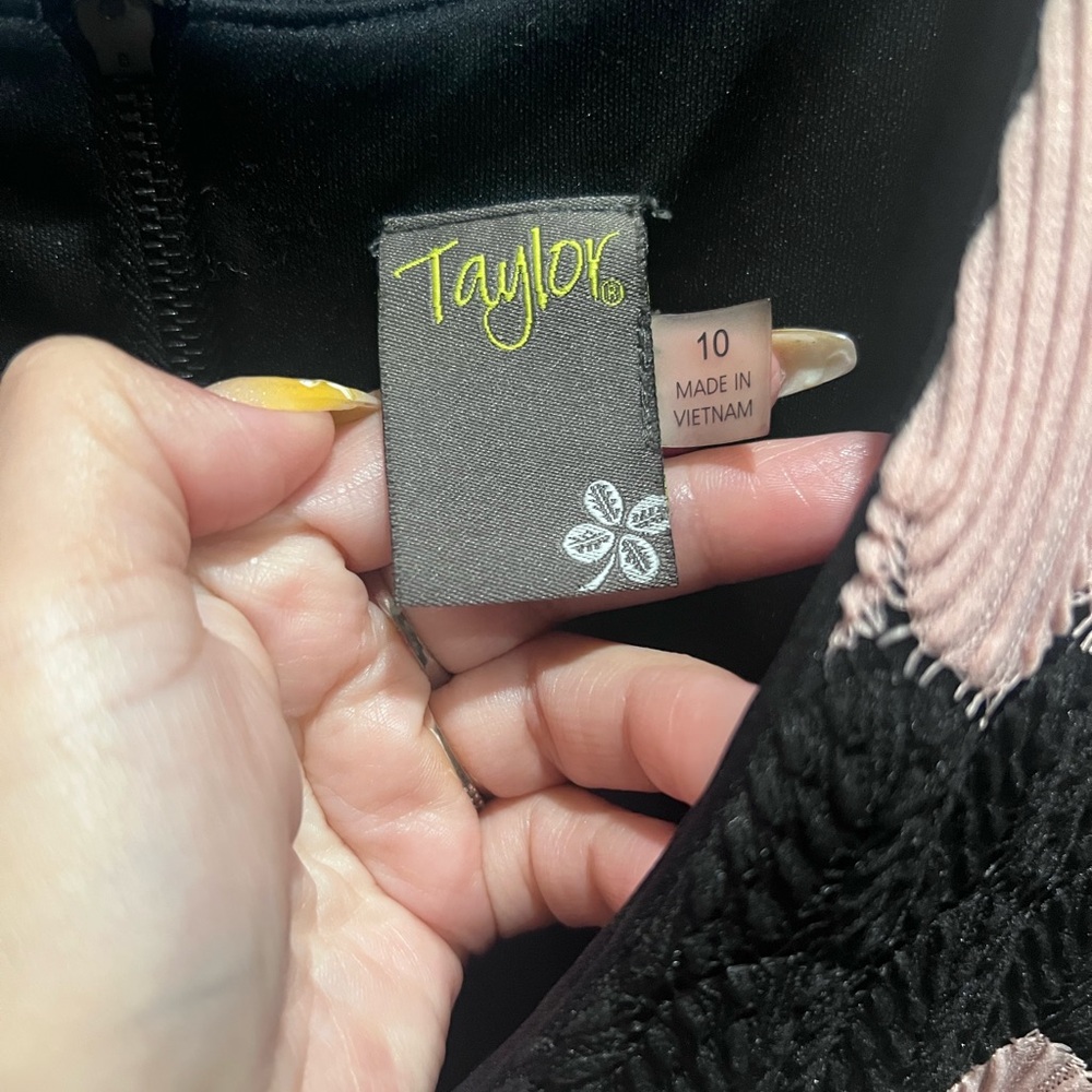 Taylor Apricot Black Lace-Stripe Bell-Sleeve A-Line Dress 10 - Picture 5 of 9
